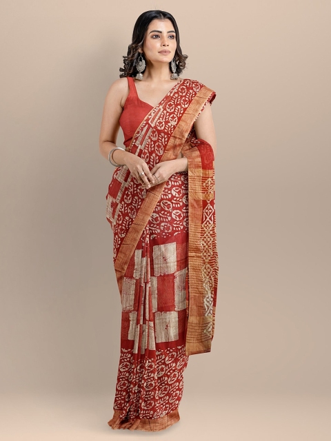 BharatSthali Red Silk Cotton Printed Venkatgiri Saree