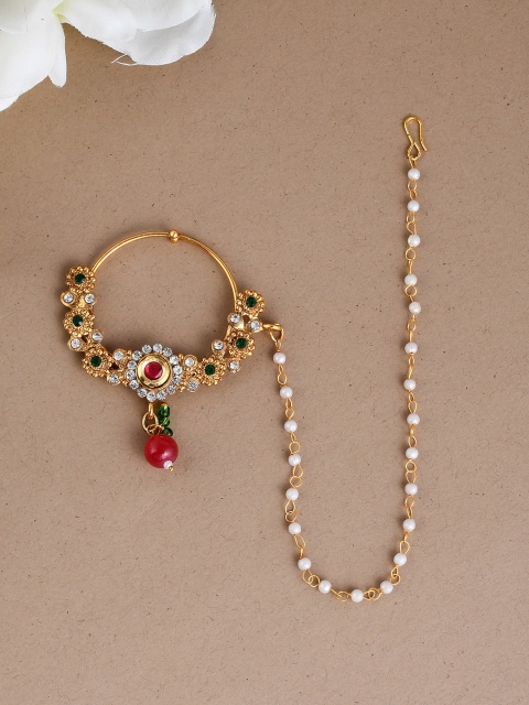 

Silvermerc Designs Gold-Plated White & Green Stone-Studded & Beaded Chained Nose Pin