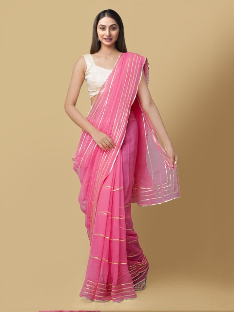 

Unnati Silks Pink Striped Gota Patti Pure Chiffon Saree
