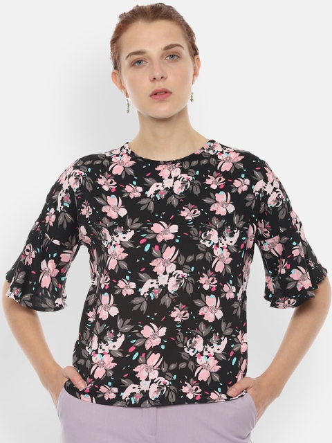 

Van Heusen Woman Black & Pink Floral Printed Bell Sleeves Regular Top