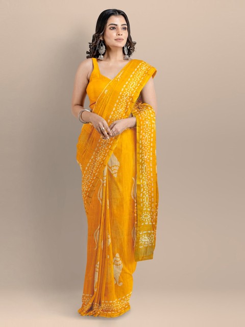 

BharatSthali Yellow Silk Cotton Printed Handloom Venkatgiri Saree
