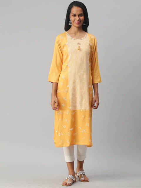 

Soch Women Yellow & White Striped & Floral Print Straight Kurta