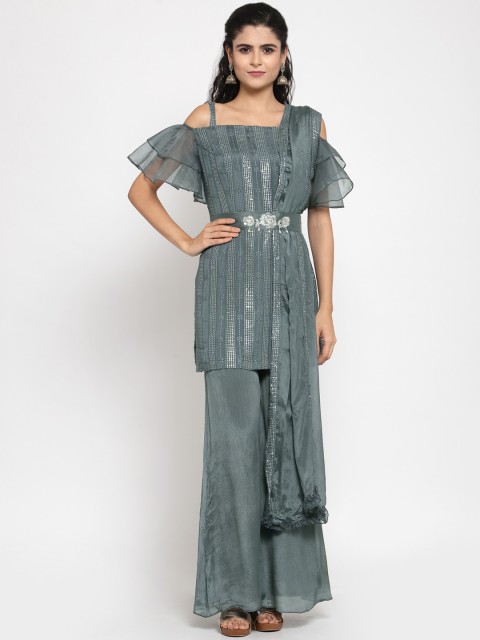 

KHALOM Women Grey Embroidered Kurti with Sharara & Dupatta