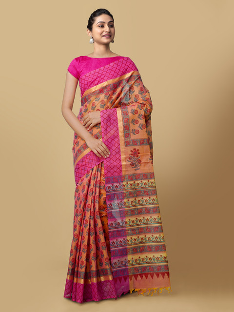 

Unnati Silks Coral & Pink Pure Cotton Printed Handloom Mangalagiri Saree