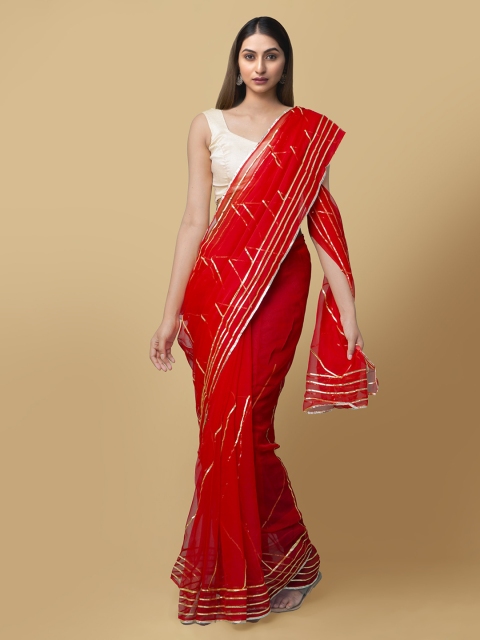 

Unnati Silks Red Pure Chiffon Embellished Handloom Bhagalpuri Saree