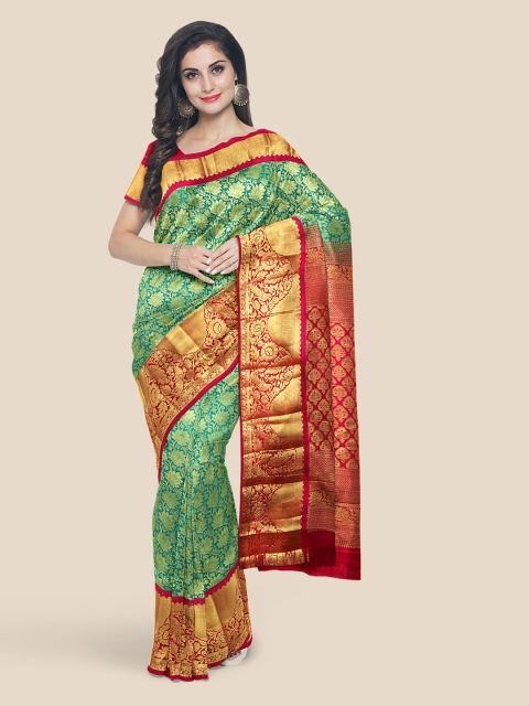 

KLM Fashion Mall Green & Golden Zari Woven Design Kanjeevaram Saree