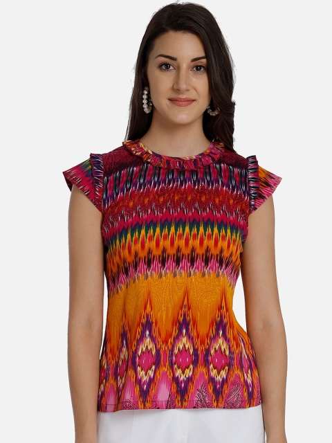 

Yaadleen Yellow & Red Geometric Printed Cap Sleeves Crepe Regular Top
