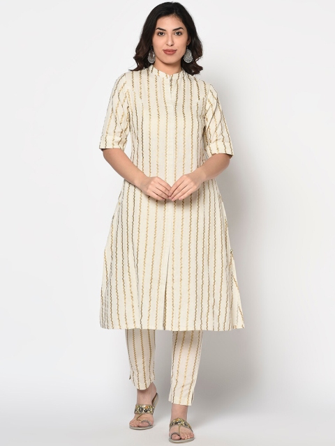 

FABNEST Women Beige & Gold Striped Kurta