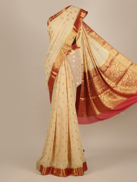 

Pothys Cream-Coloured Woven Design Poly Georgette Saree