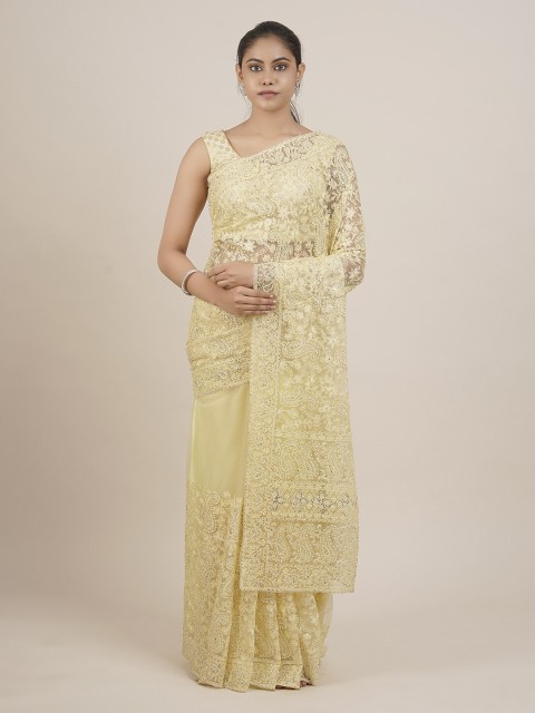 

Pothys Yellow Embroidered Net Saree