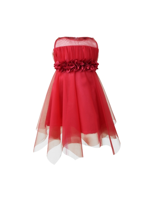 

Faye Girls Red Solid Fit and Flare Asymmetric Hem Net Midi Dress