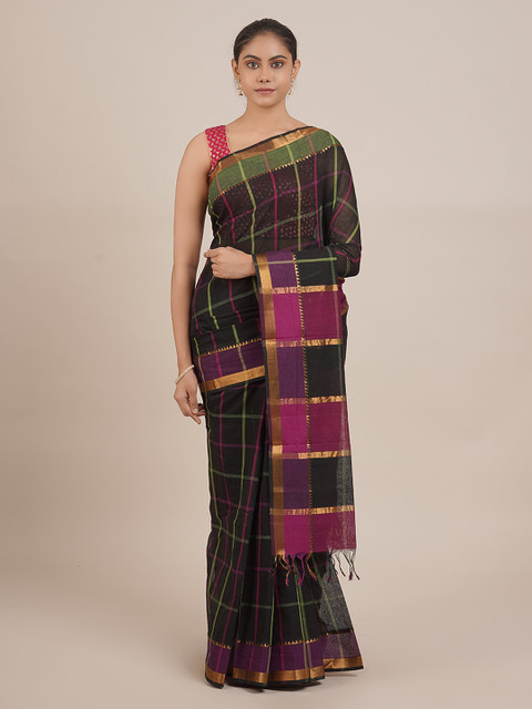 

Pothys Black & Golden Pure Cotton Checked Mangalagiri Saree