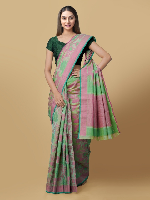 

Unnati Silks Green Pure Linen Printed Jamdani Saree