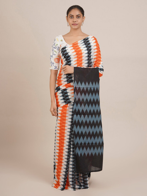 

Pothys White & Orange Pure Cotton Striped Saree