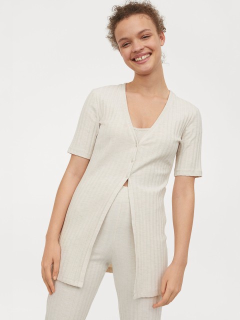 

H&M Women Beige Button-Detail Ribbed Top