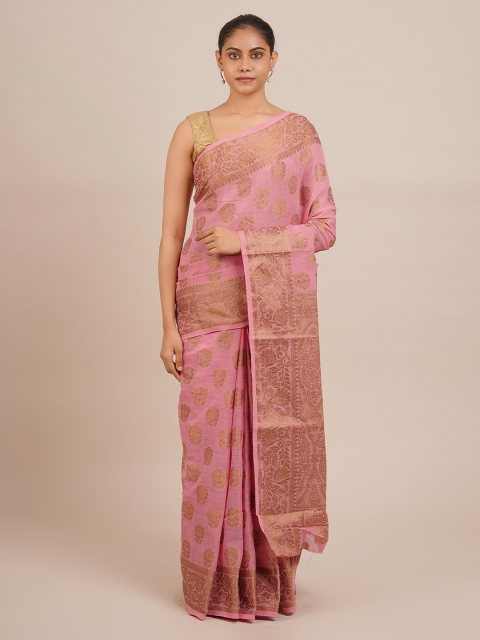 

Pothys Pink & Golden Cotton Blend Woven Design Chanderi Saree
