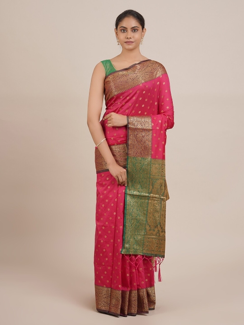 

Pothys Pink & Green Cotton Blend Woven Design Saree