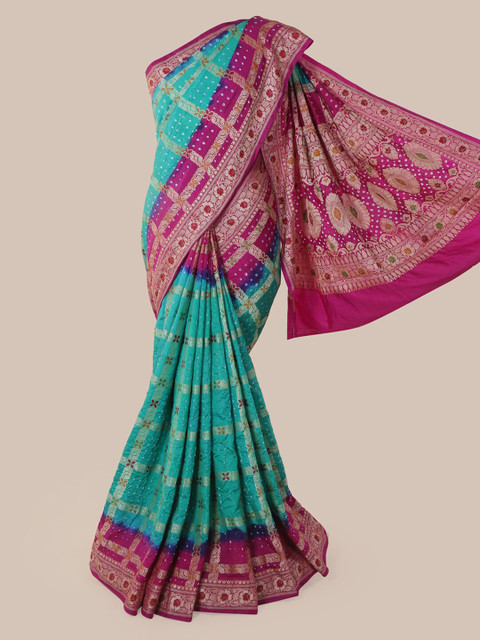 

Pothys Green & Pink Pure Silk Printed Bandhani Saree
