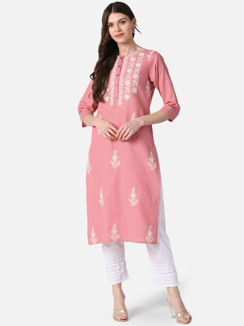 

AHIKA Women Pink & White Embroidered Kurta with Trousers