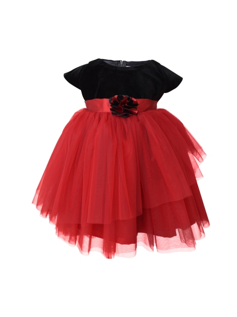 

Faye Girls Red & Black Colourblocked Layered Velvet & Net Fit and Flare Dress