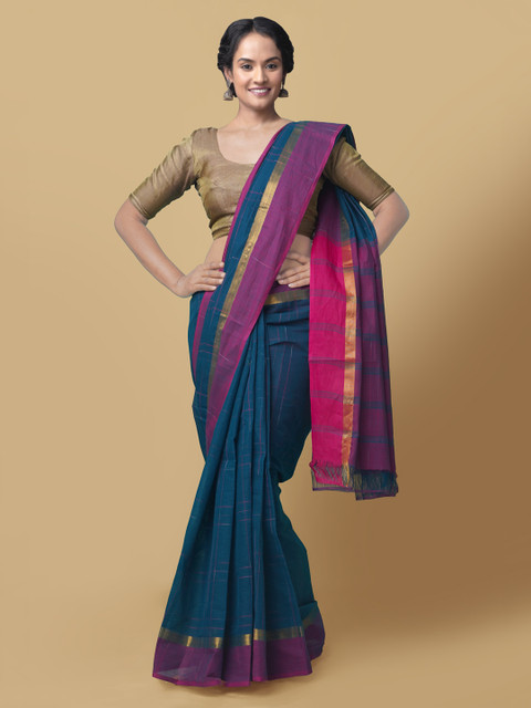 

Unnati Silks Blue Pure Cotton Checked Mangalagiri Saree