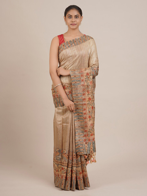

Pothys Cream-Coloured Printed Jute Silk Saree With Tasseled Pallu