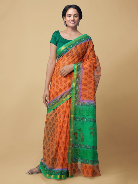 

Unnati Silks Orange & Green Pure Cotton Hand Block Printed Kota Saree