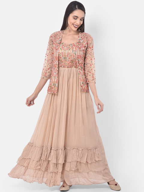 

Neerus Women Beige & Red Mirror Work Maxi Dress with Ethnic Jacket