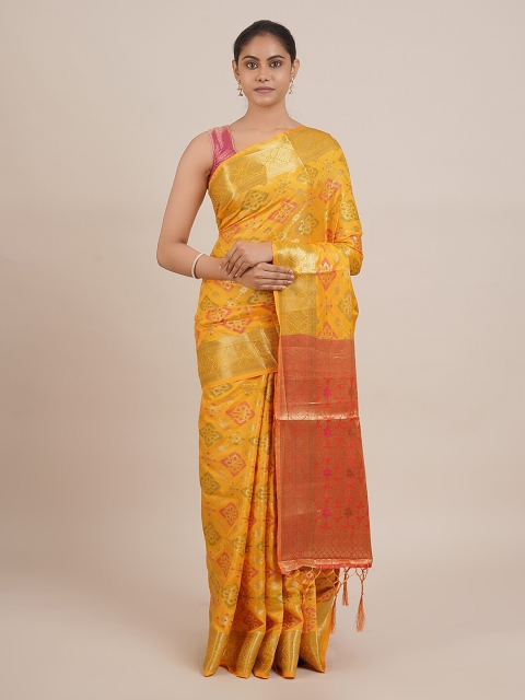 

Pothys Yellow & Maroon Cotton Blend Woven Design Saree