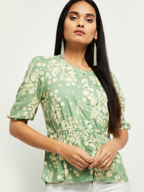 

max Green Floral Printed Georgette Cinched Waist Top