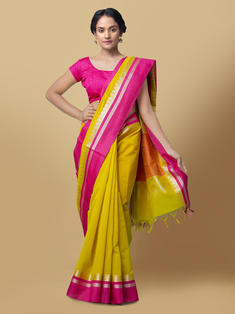 

Unnati Silks Yellow & Pink Silk Cotton Solid Baluchari Saree