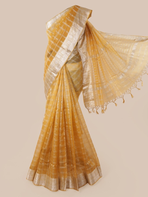

Pothys Mustard & Silver Pure Silk Checked Saree