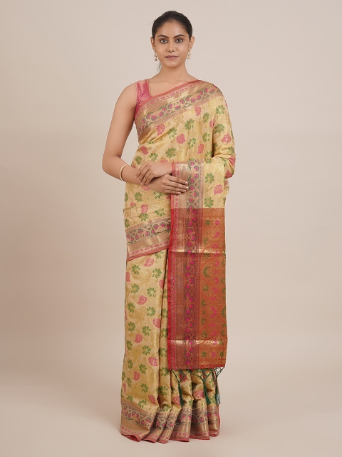 

Pothys Cream-Coloured & Green Cotton Blend Woven Design Saree