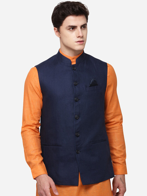 

MODI JACKET Men Navy Blue Solid Nehru Jacket