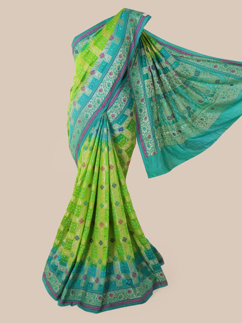 

Pothys Green & Blue Pure Silk Checked Bandhani Saree