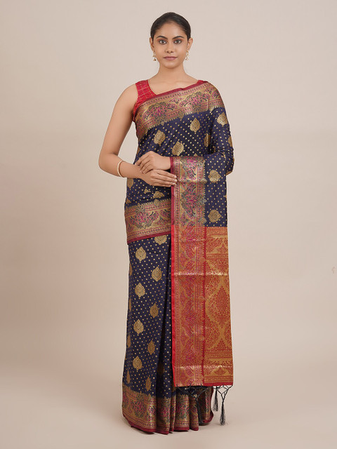 

Pothys Navy Blue & Gold-Toned Cotton Blend Woven Design Saree
