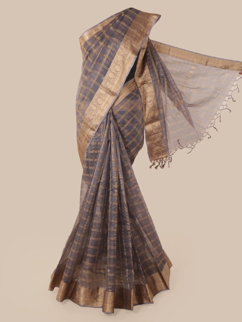 

Pothys Grey & Gold-Toned Pure Silk Checked Saree