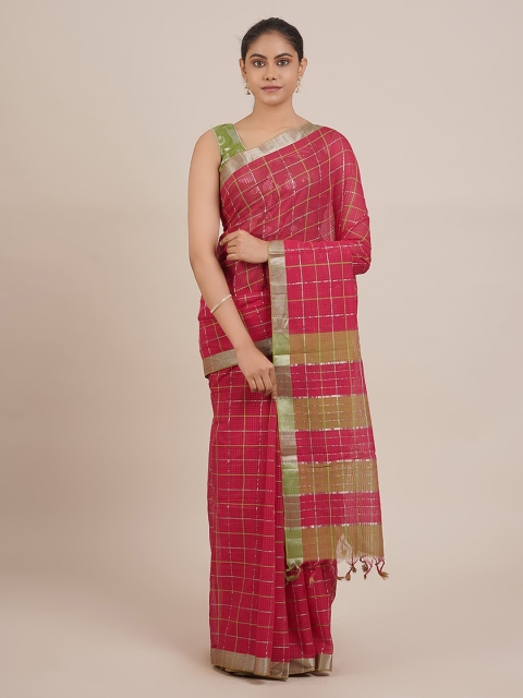 

Pothys Pink & Olive Green Pure Cotton Checked Mangalagiri Saree