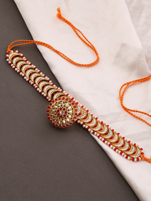 

Silvermerc Designs Red & White Gold-Plated Kundan-Studded & Beaded Matha Patti