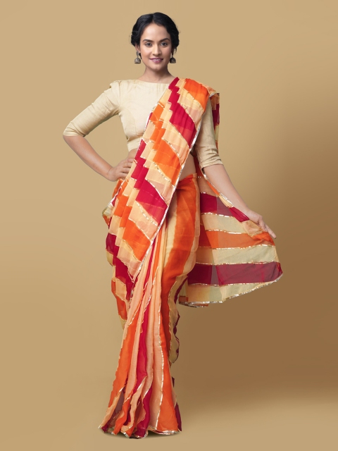 

Unnati Silks Multicoloured Pure Chiffon Striped Bhagalpuri Saree, Multi