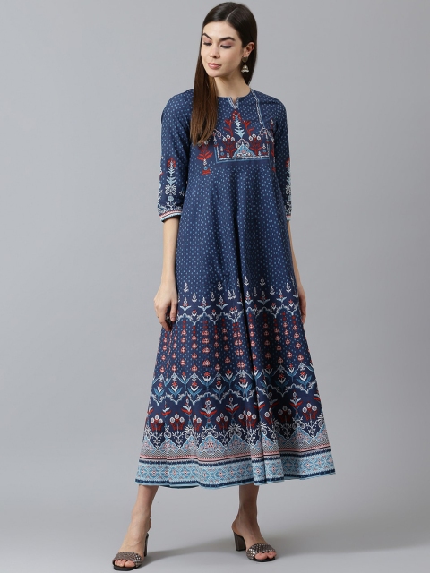 

QOMN Women Blue Printed A-Line Dress