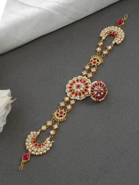 

Silvermerc Designs Gold Plated & Red Meenakari Chand Suraj Sheeshful Borla Mathapatti