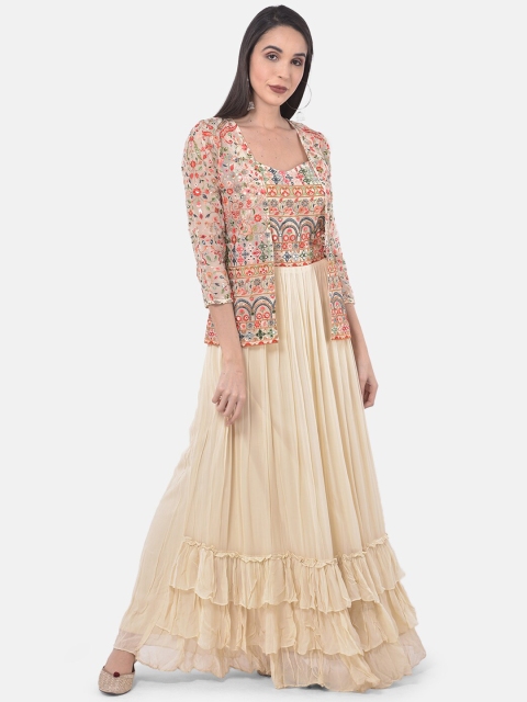 

Neerus Women Cream-Coloured & Red Embroidered Maxi Dress with Ethnic Jacket