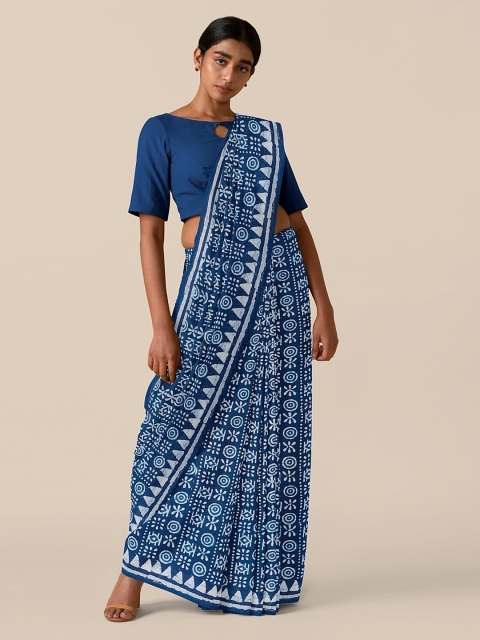 Taneira Blue & White Pure Cotton Printed Block Print Saree