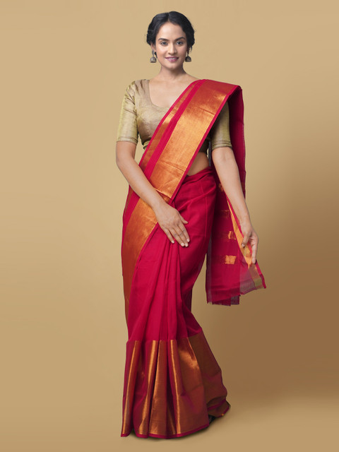 

Unnati Silks Red Pure Cotton Solid Kanjeevaram Saree