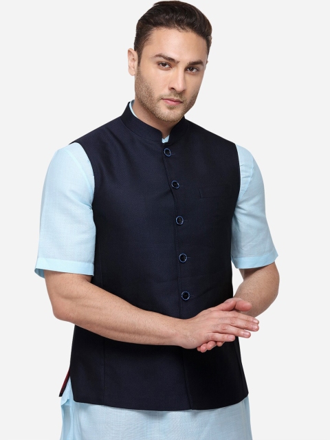 

MODI JACKET Men Navy Blue Solid Woven Nehru Jacket