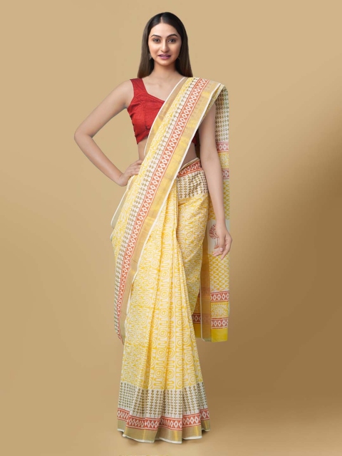 

Unnati Silks Yellow & White Pure Cotton Printed Handloom Kasavu Saree