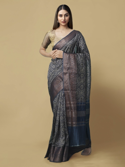 Unnati Silks Navy Blue Silk Cotton Printed Handloom Maheshwari Saree