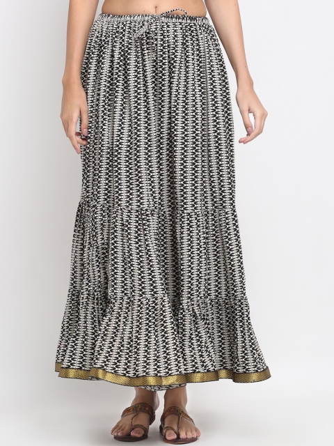

SOUNDARYA Women Black & White Printed Cotton Tiered Flared Maxi Skirt