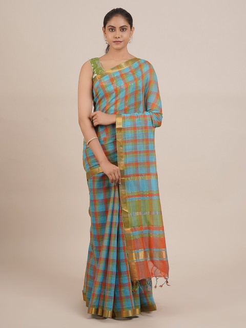 

Pothys Blue Pure Cotton Checked Mangalagiri Saree